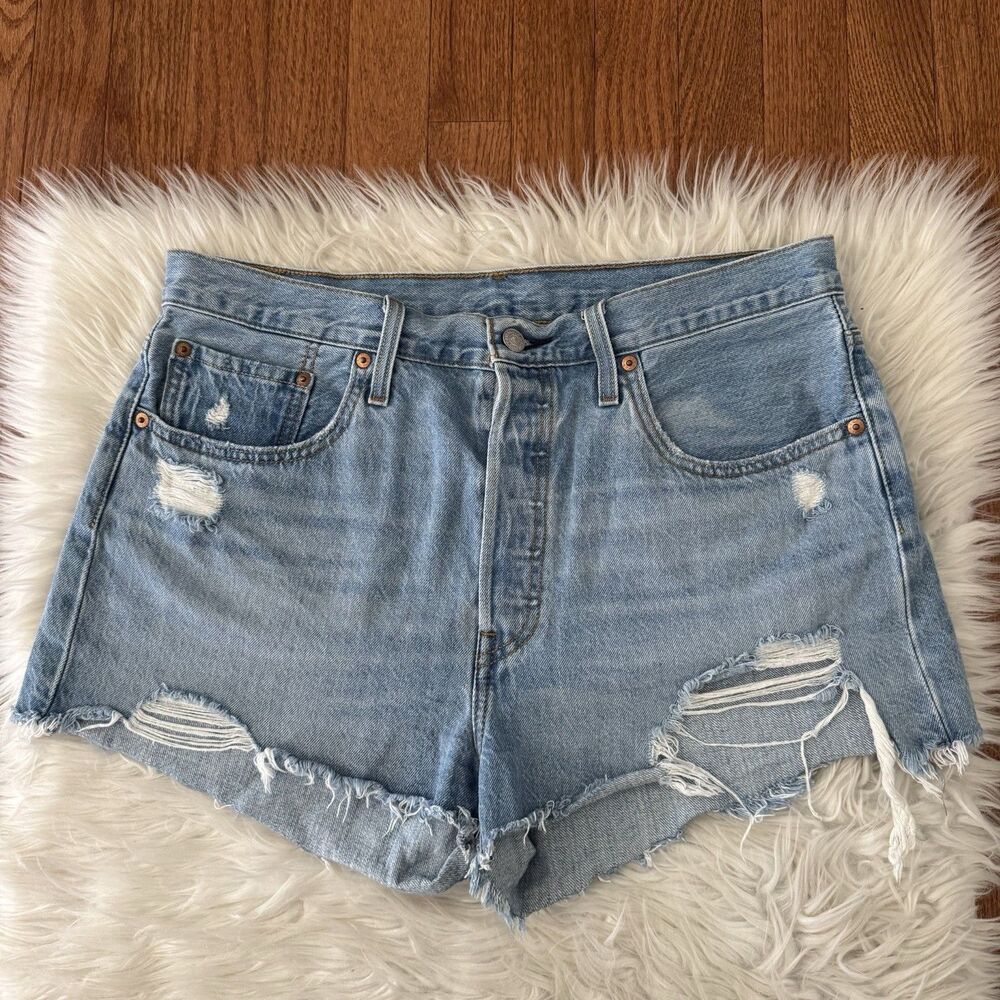 LEVI'S 501 Distressed High Rise Blue Denim Cut Off Shorts Button Fly Women’s 32